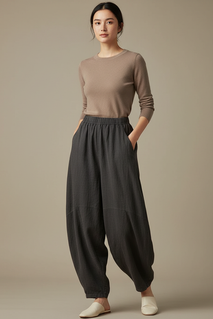 Pantalon Chinois Gris Foncé Ample Fluide Décontracté - Lin
