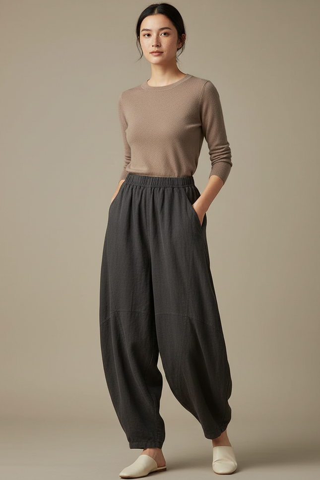 Pantalon Chinois Gris Foncé Ample Fluide Décontracté - Lin