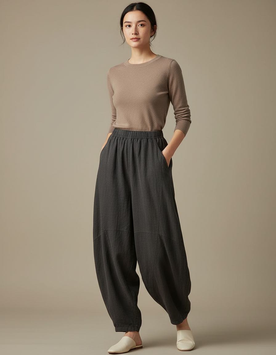 Pantalon Chinois Gris Foncé Ample Fluide Décontracté - Lin