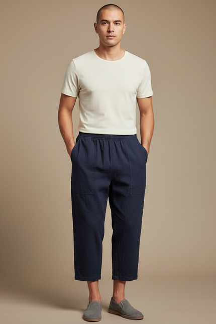Pantalon Chinois Bleu Marine Ample Décontracté Lin Léger