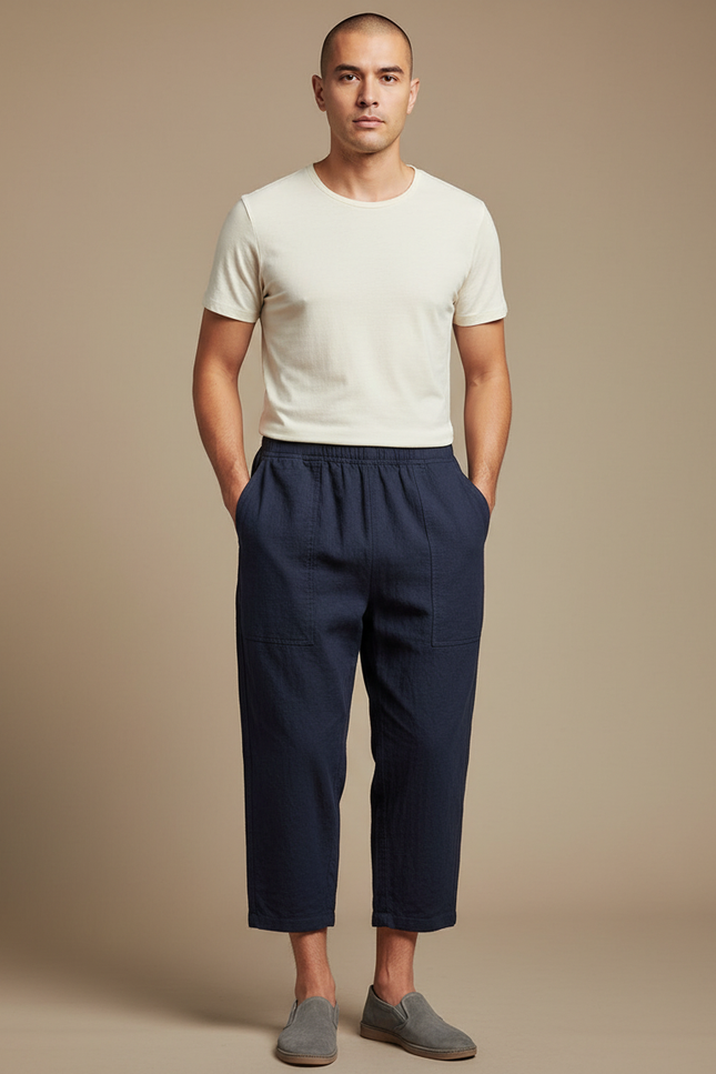 Pantalon Chinois Bleu Marine Ample Décontracté Lin Léger