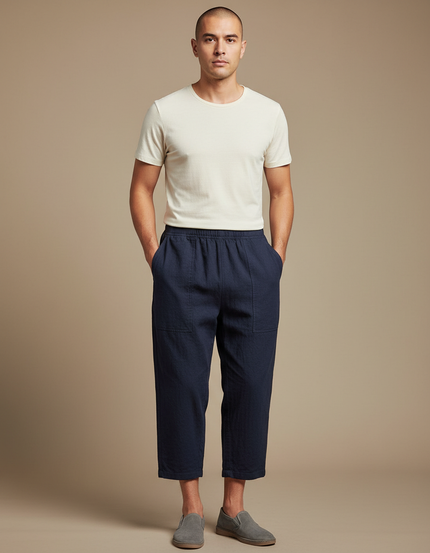 Pantalon Chinois Bleu Marine Ample Décontracté Lin Léger