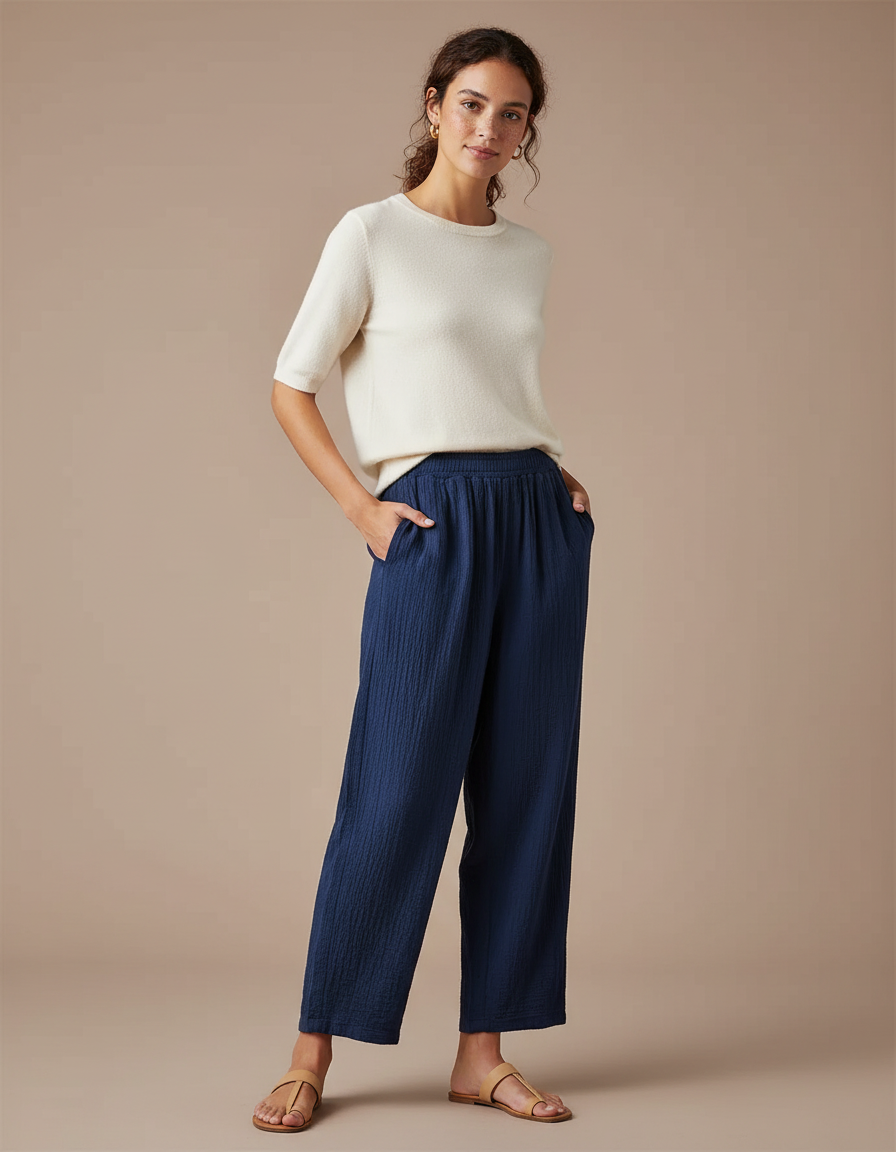 Pantalon Chinois Bleu Marine Ample Coton Fluide