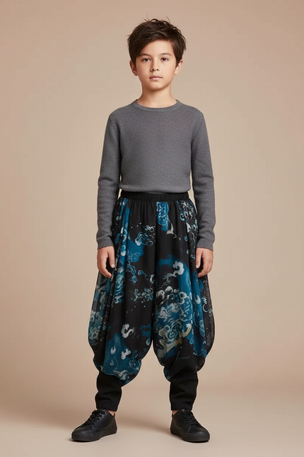 Pantalon Chinois Noir Ample Imprimé Bleu Fluide Garçon - Polyester