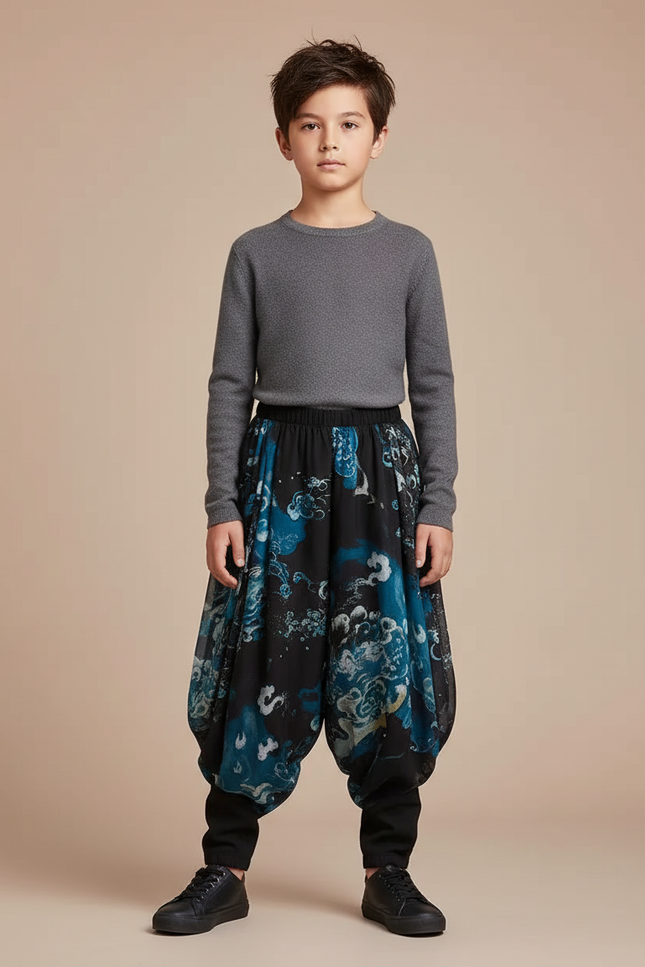 Pantalon Chinois Noir Ample Imprimé Bleu Fluide Garçon - Polyester