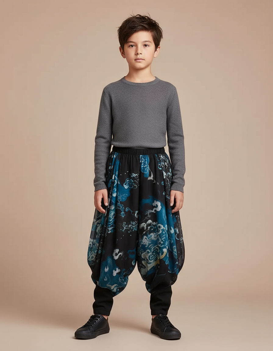 Pantalon Chinois Noir Ample Imprimé Bleu Fluide Garçon - Polyester