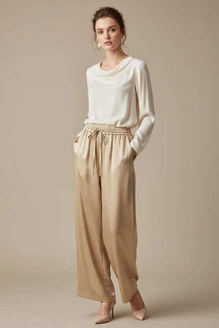 Pantalon Chinois Doré Satin Ample Fluide Élégant
