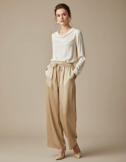 Pantalon Chinois Doré Satin Ample Fluide Élégant