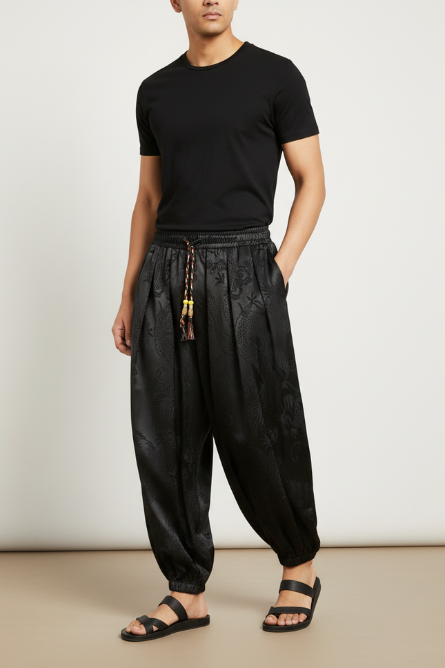 Pantalon Chinois Noir Satiné Ample Dragon Homme