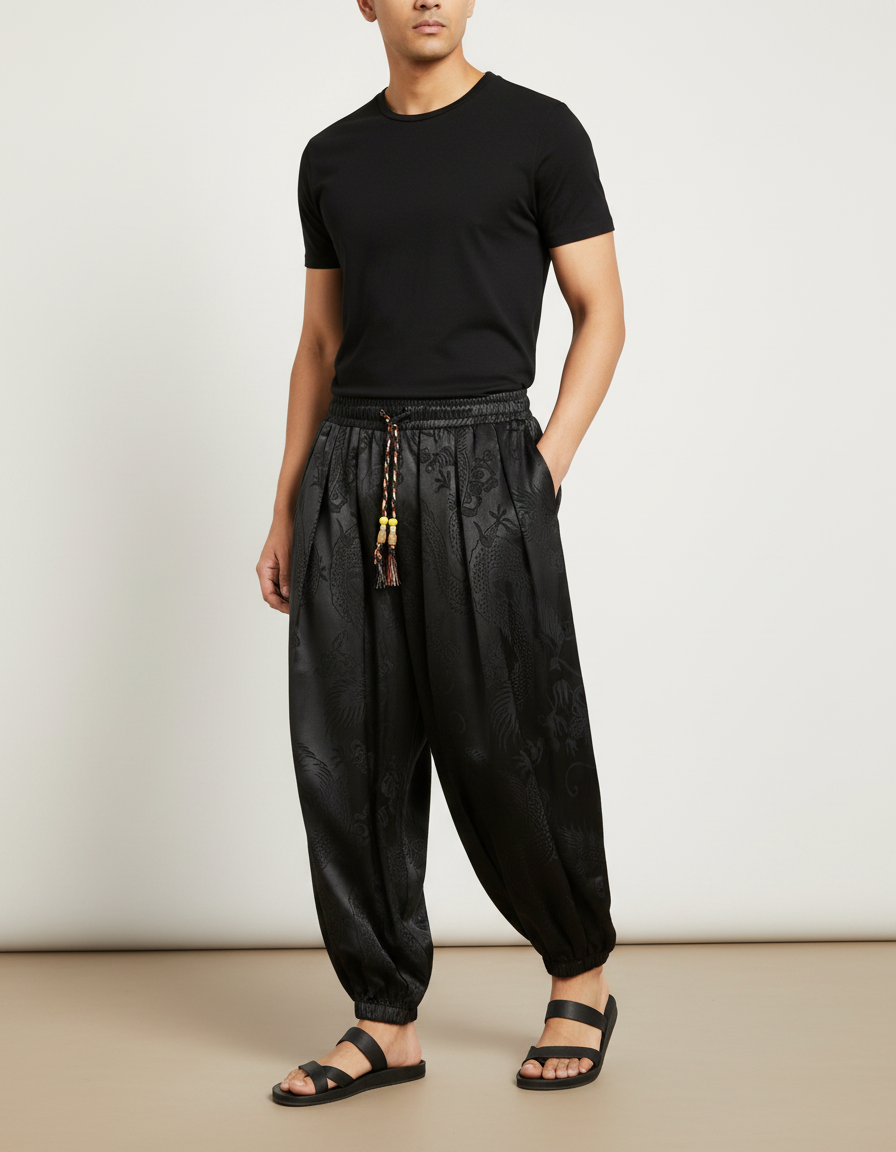 Pantalon Chinois Noir Satiné Ample Dragon Homme