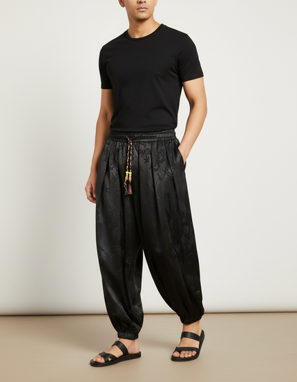 Pantalon Chinois Noir Satiné Ample Dragon Homme