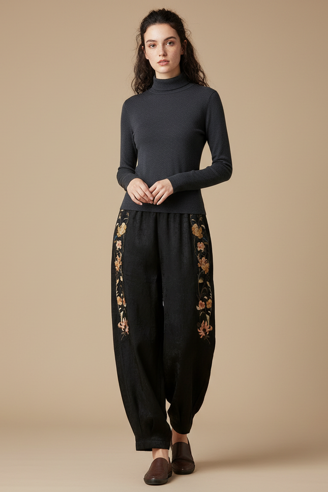 Pantalon Chinois Noir Brodé Ample Satin Femme