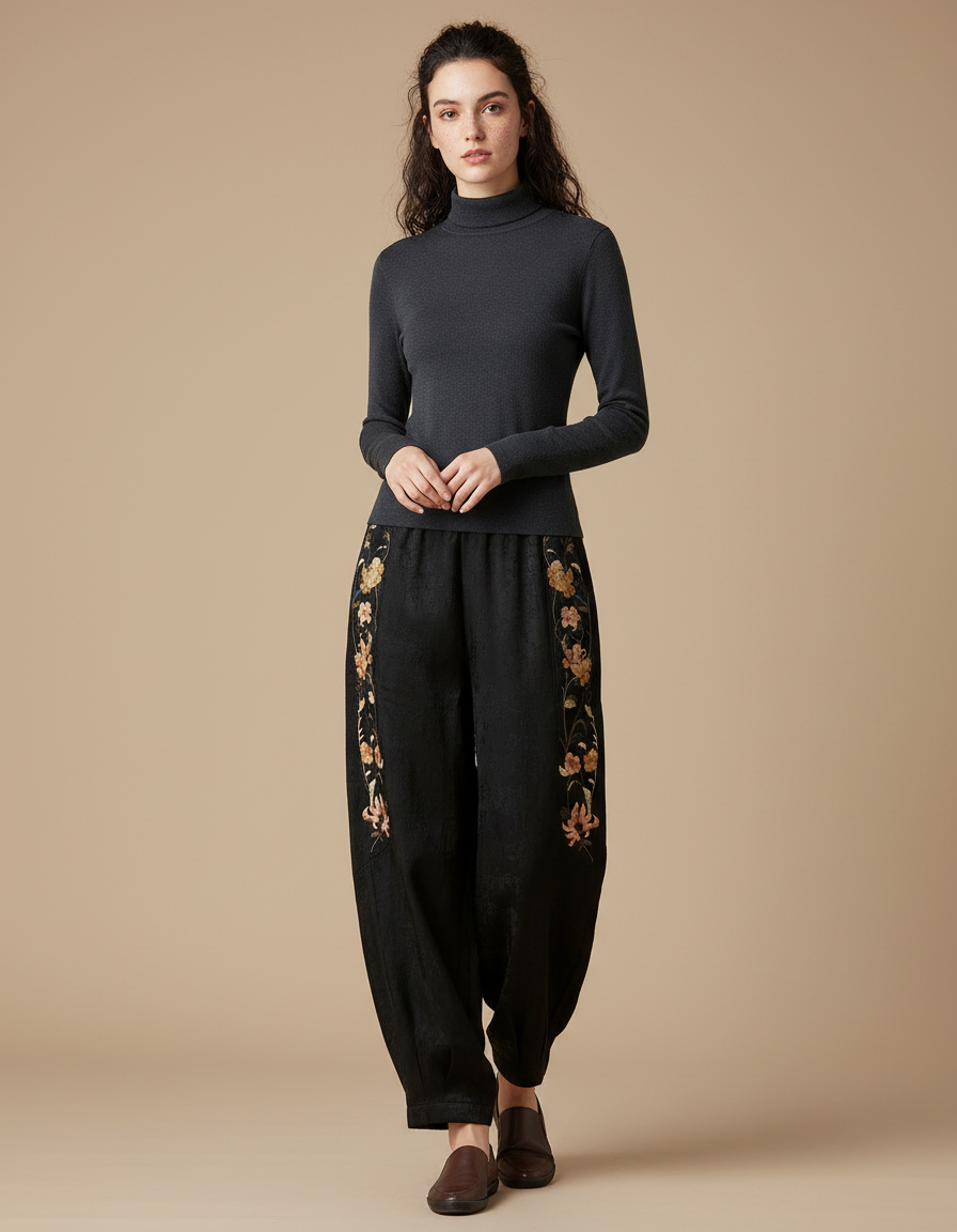 Pantalon Chinois Noir Brodé Ample Satin Femme
