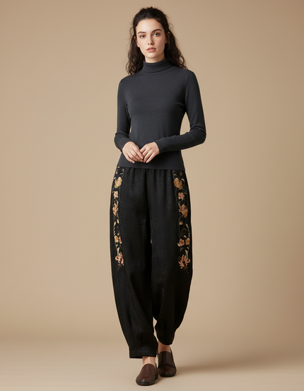 Pantalon Chinois Noir Brodé Ample Satin Femme
