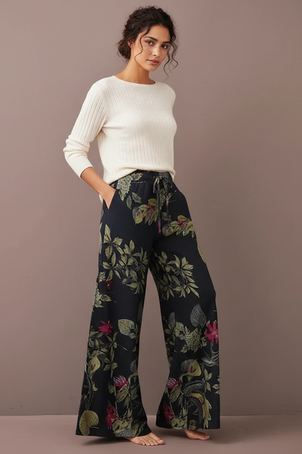Pantalon Chinois Noir Ample Fleuri Fluide Cordon - Viscose