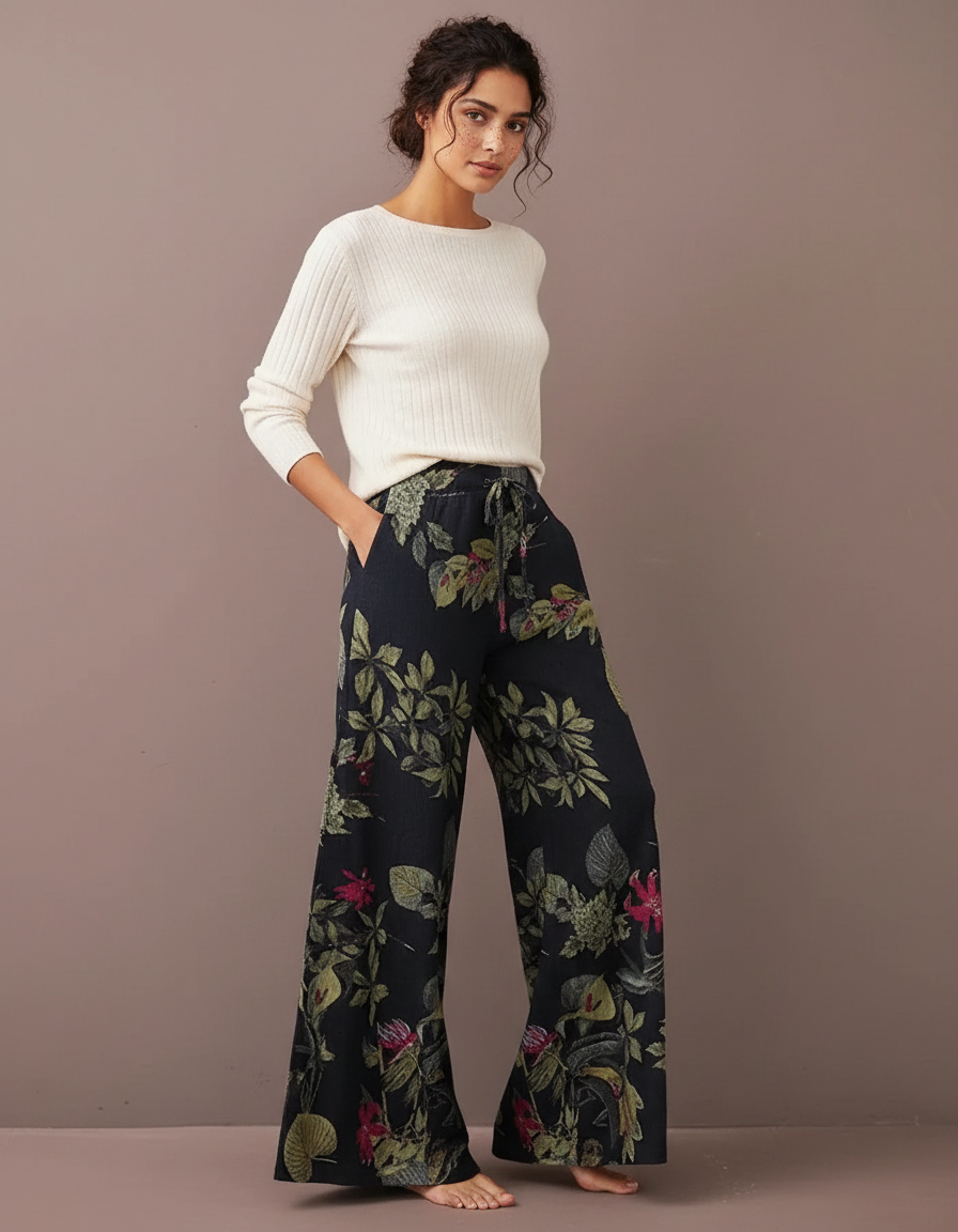 Pantalon Chinois Noir Ample Fleuri Fluide Cordon - Viscose