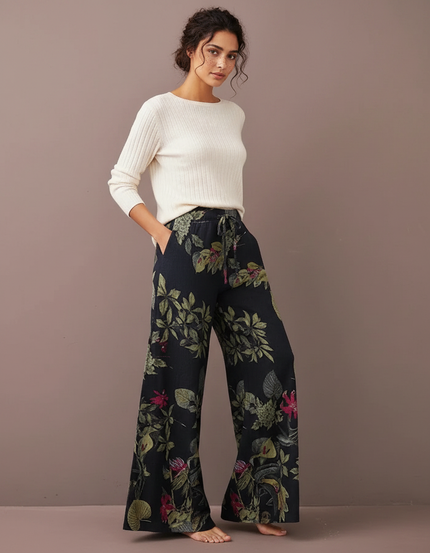 Pantalon Chinois Noir Ample Fleuri Fluide Cordon - Viscose