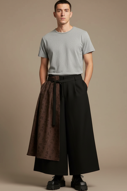 Pantalon Chinois Noir Ample Superposé Calligraphie Homme - Gabardine