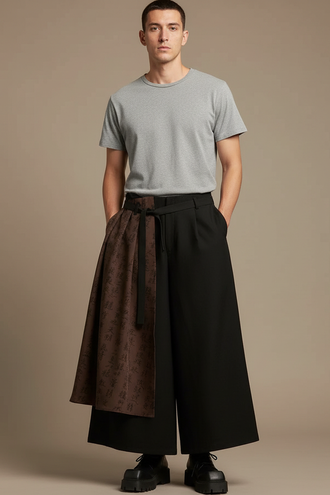 Pantalon Chinois Noir Ample Superposé Calligraphie Homme - Gabardine