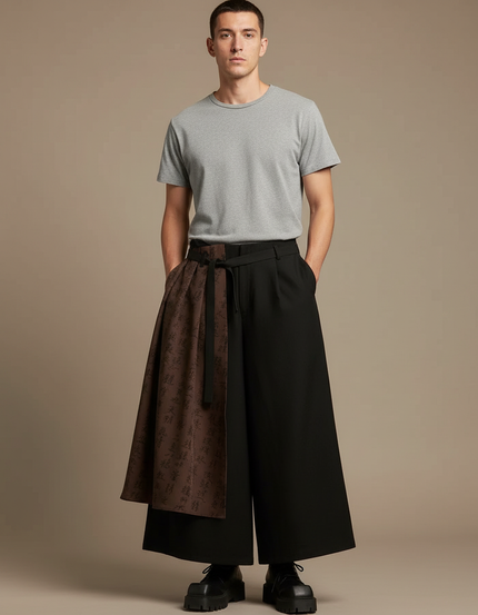 Pantalon Chinois Noir Ample Superposé Calligraphie Homme - Gabardine