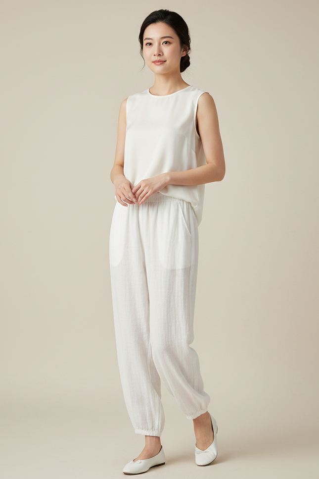 Pantalon Chinois Blanc Ample Lin Femme