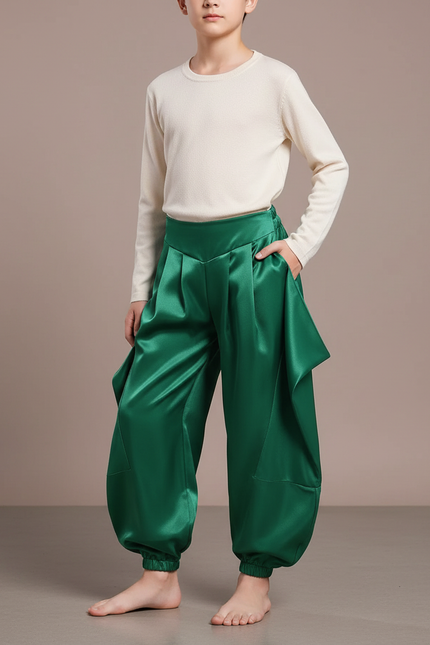 Pantalon Chinois Vert Satiné Ample Bouffant Enfant