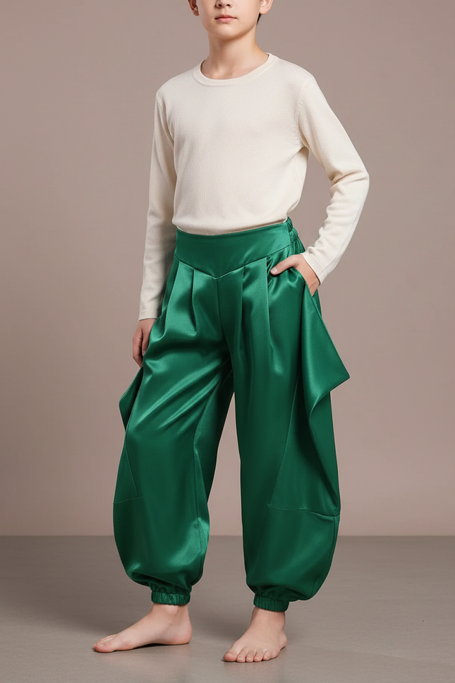 Pantalon Chinois Vert Satiné Ample Bouffant Enfant