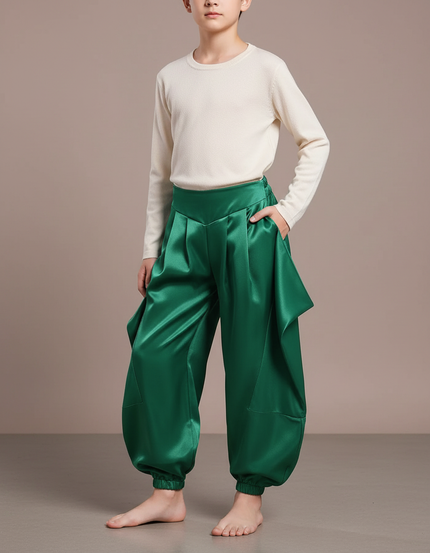 Pantalon Chinois Vert Satiné Ample Bouffant Enfant