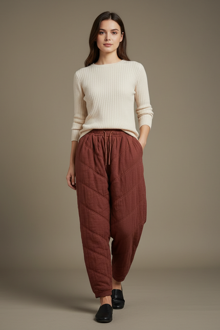 Pantalon Chinois Matelassé Marron Ample Coton Hiver
