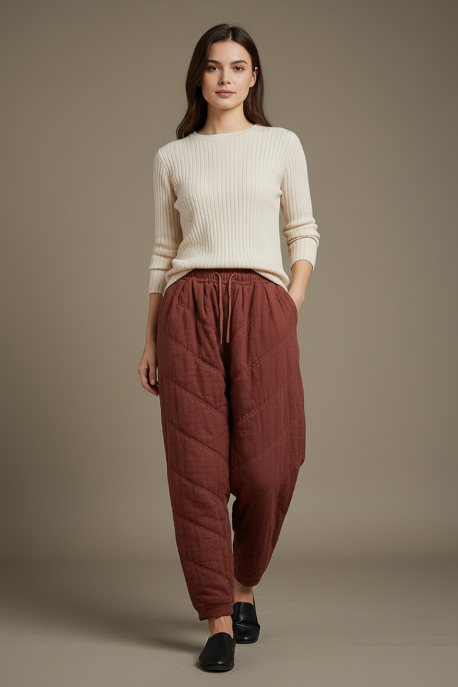 Pantalon Chinois Matelassé Marron Ample Coton Hiver