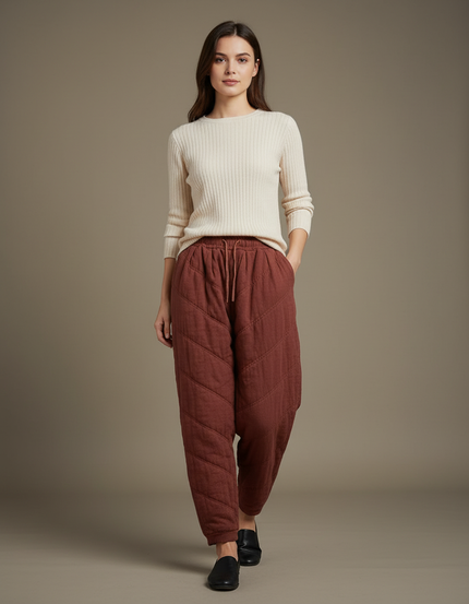 Pantalon Chinois Matelassé Marron Ample Coton Hiver