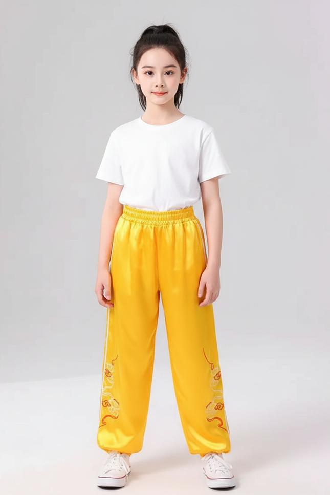 Pantalon Chinois Jaune Satiné Ample Brodé Dragon Enfant