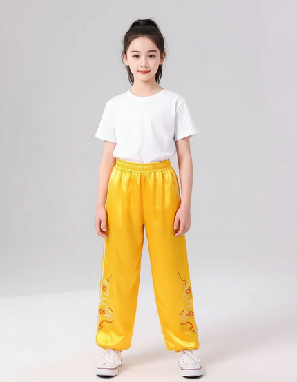 Pantalon Chinois Jaune Satiné Ample Brodé Dragon Enfant