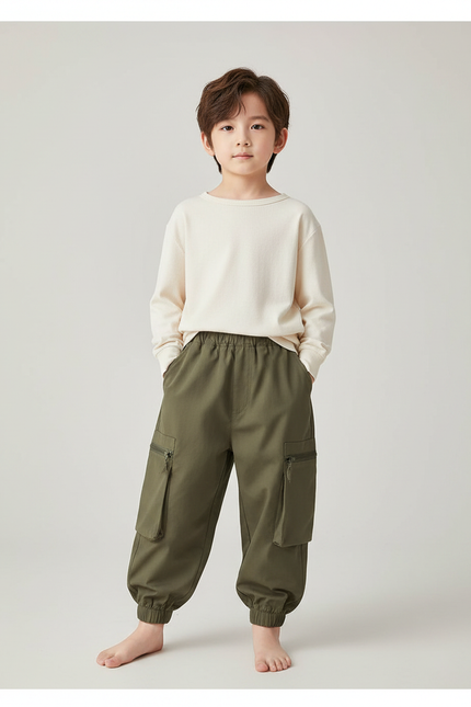 Pantalon Chinois Kaki Ample Cargo Élastique Enfant - Coton