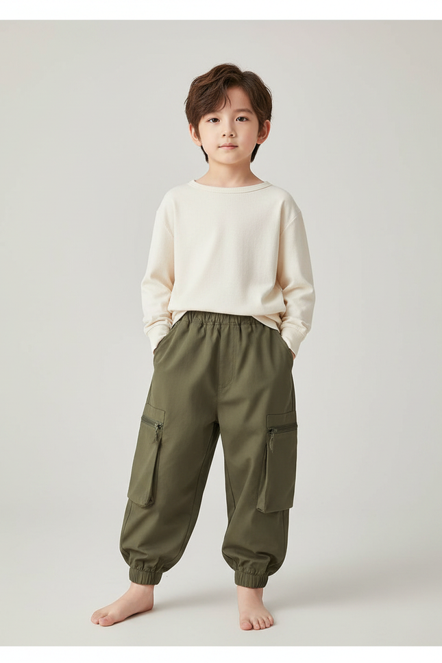 Pantalon Chinois Kaki Ample Cargo Élastique Enfant - Coton