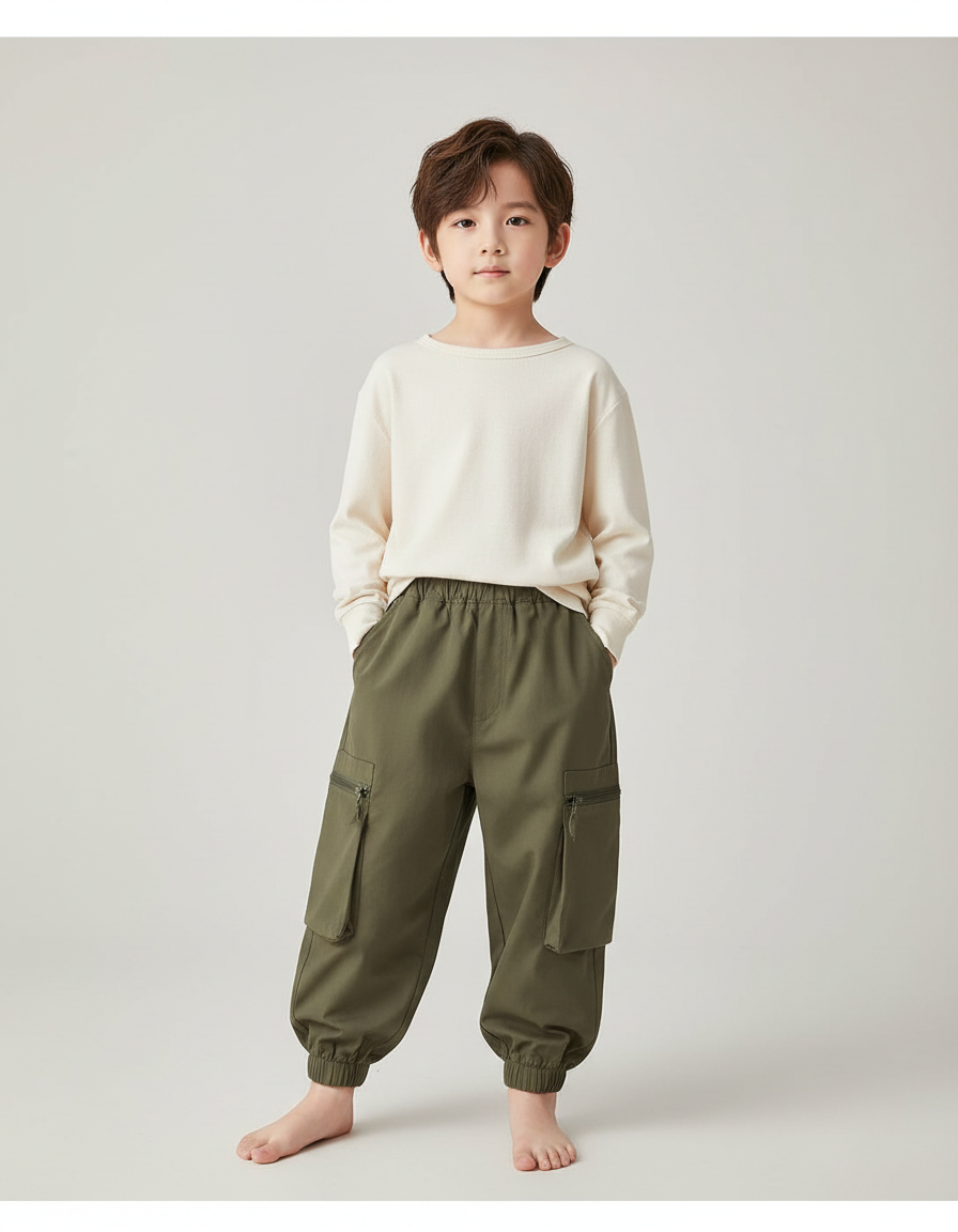 Pantalon Chinois Kaki Ample Cargo Élastique Enfant - Coton