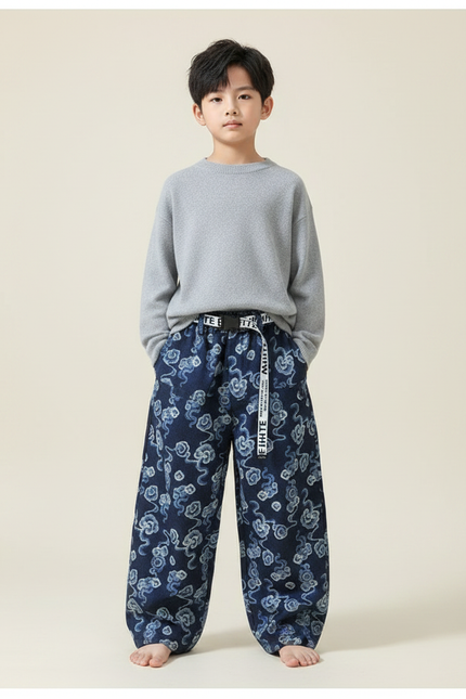 Pantalon Chinois Denim Ample Nuages Imprimés Ceinture Garçon - Jean