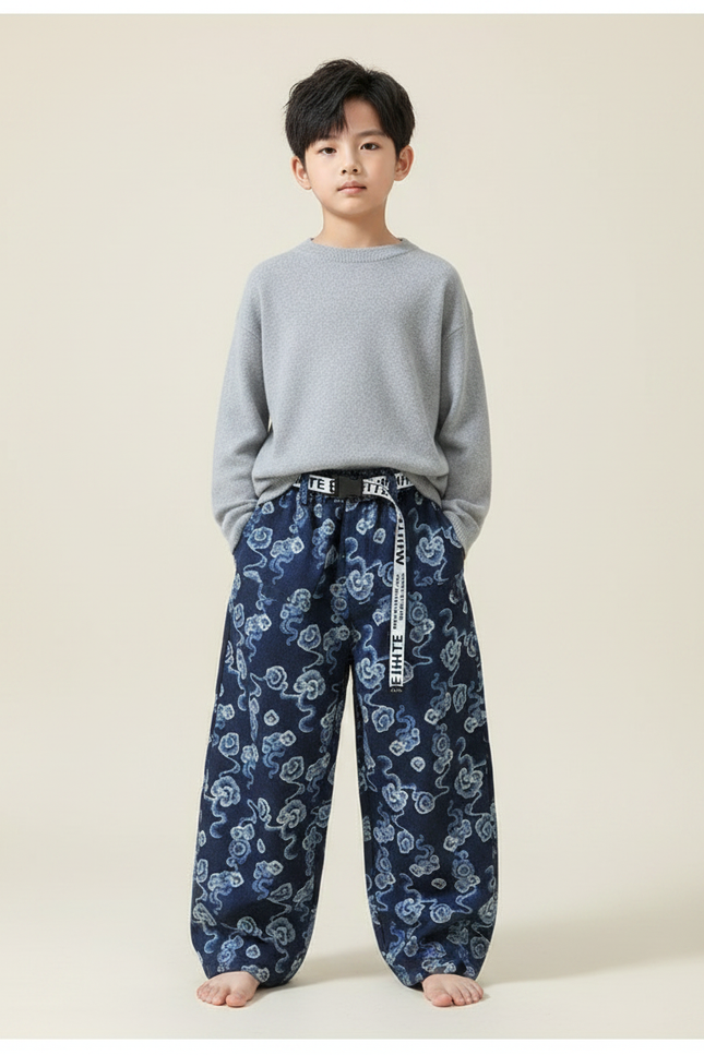 Pantalon Chinois Denim Ample Nuages Imprimés Ceinture Garçon - Jean