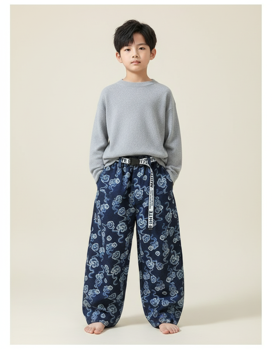 Pantalon Chinois Denim Ample Nuages Imprimés Ceinture Garçon - Jean