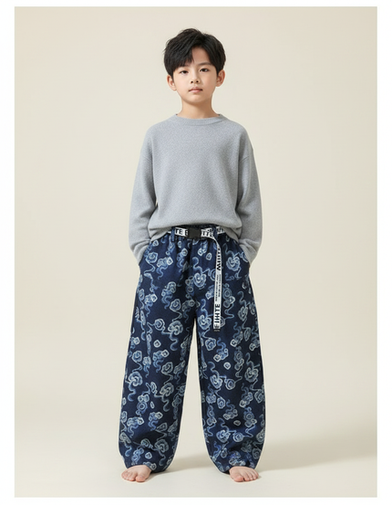 Pantalon Chinois Denim Ample Nuages Imprimés Ceinture Garçon - Jean