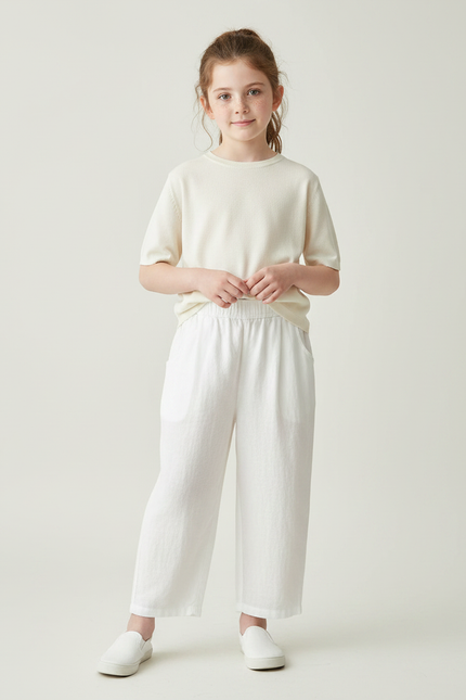 Pantalon Chinois Blanc Lin Ample Décontracté Enfant
