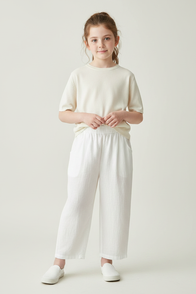 Pantalon Chinois Blanc Lin Ample Décontracté Enfant