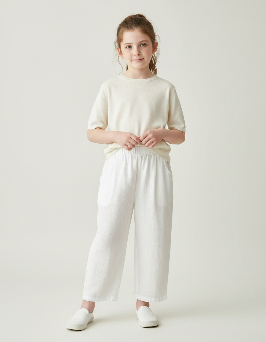 Pantalon Chinois Blanc Lin Ample Décontracté Enfant