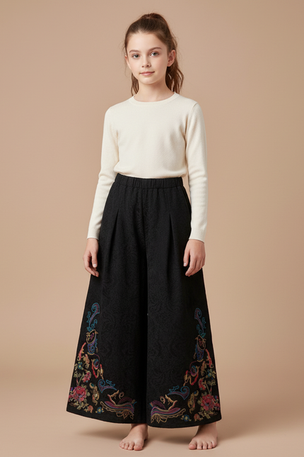 Pantalon Chinois Noir Brodé Ethnique Ample Jacquard Fille - Polyester