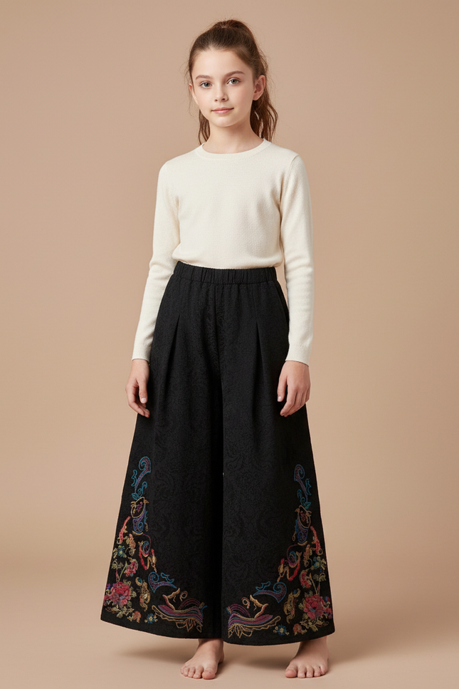 Pantalon Chinois Noir Brodé Ethnique Ample Jacquard Fille - Polyester