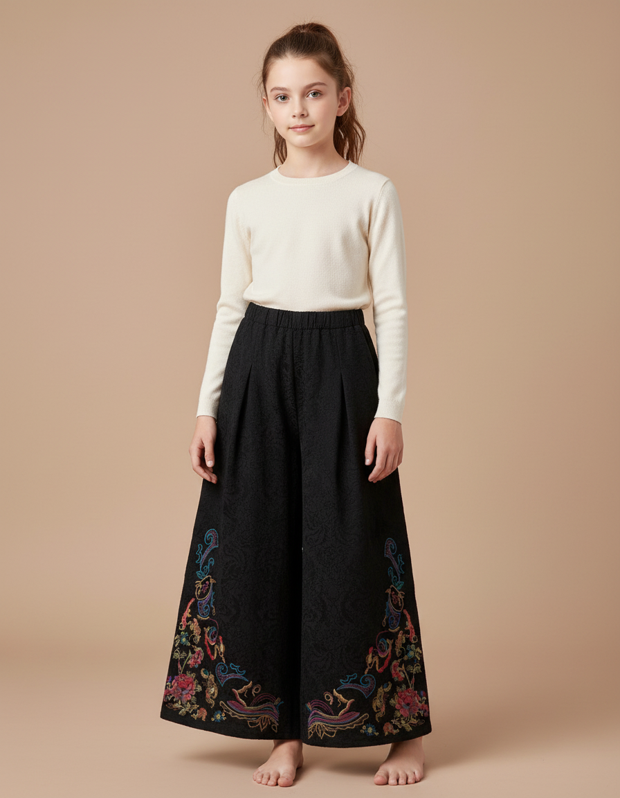 Pantalon Chinois Noir Brodé Ethnique Ample Jacquard Fille - Polyester