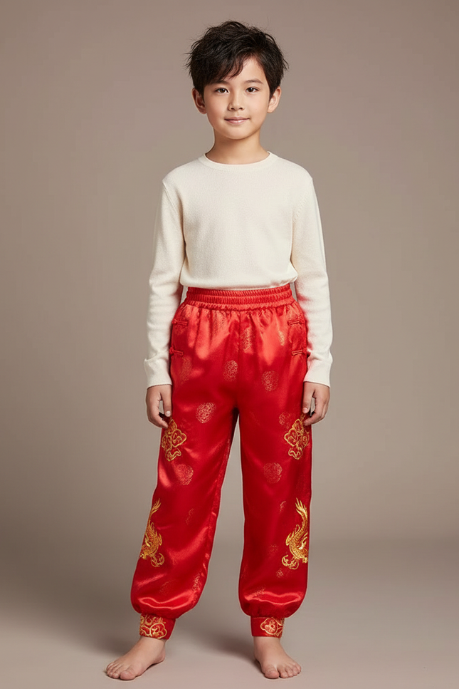Pantalon Chinois Rouge Satiné Ample Brodé Dragon Enfant