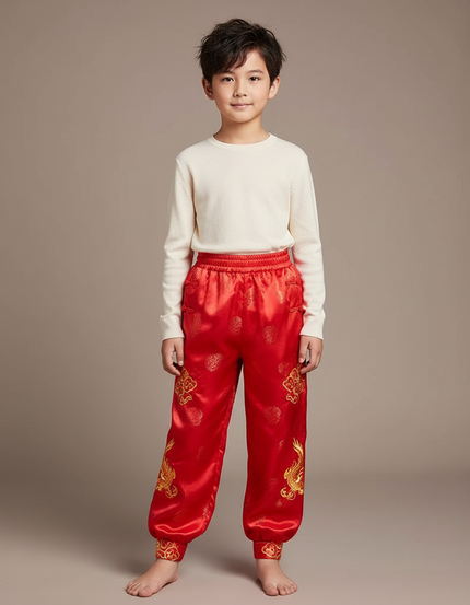 Pantalon Chinois Rouge Satiné Ample Brodé Dragon Enfant