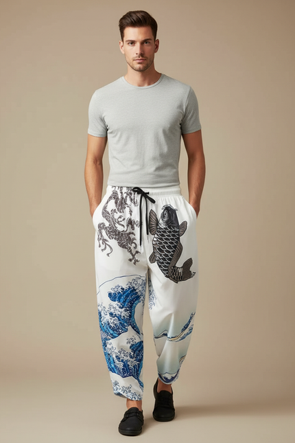 Pantalon Chinois Blanc Harem Dragon Carpe Vagues - Coton