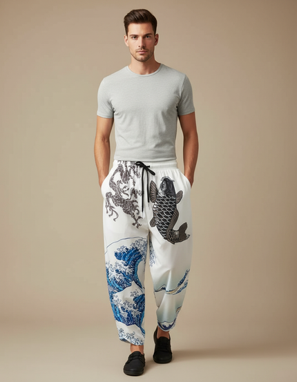 Pantalon Chinois Blanc Harem Dragon Carpe Vagues - Coton